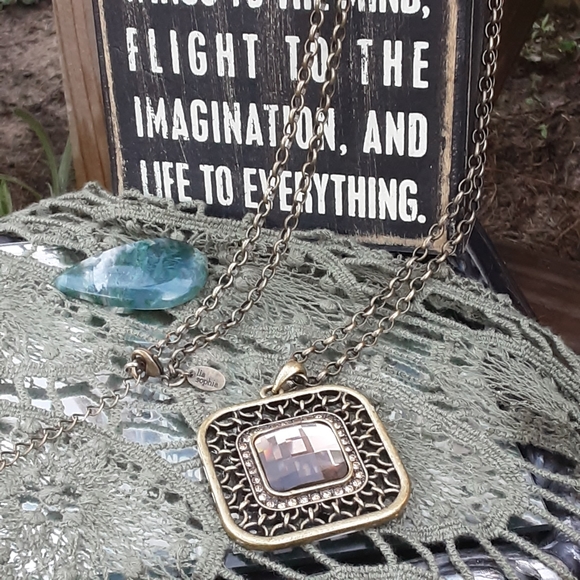 Lia Sophia 17” Necklace Faceted Pendant & Rhinestones in Antique Brass - Picture 5 of 8